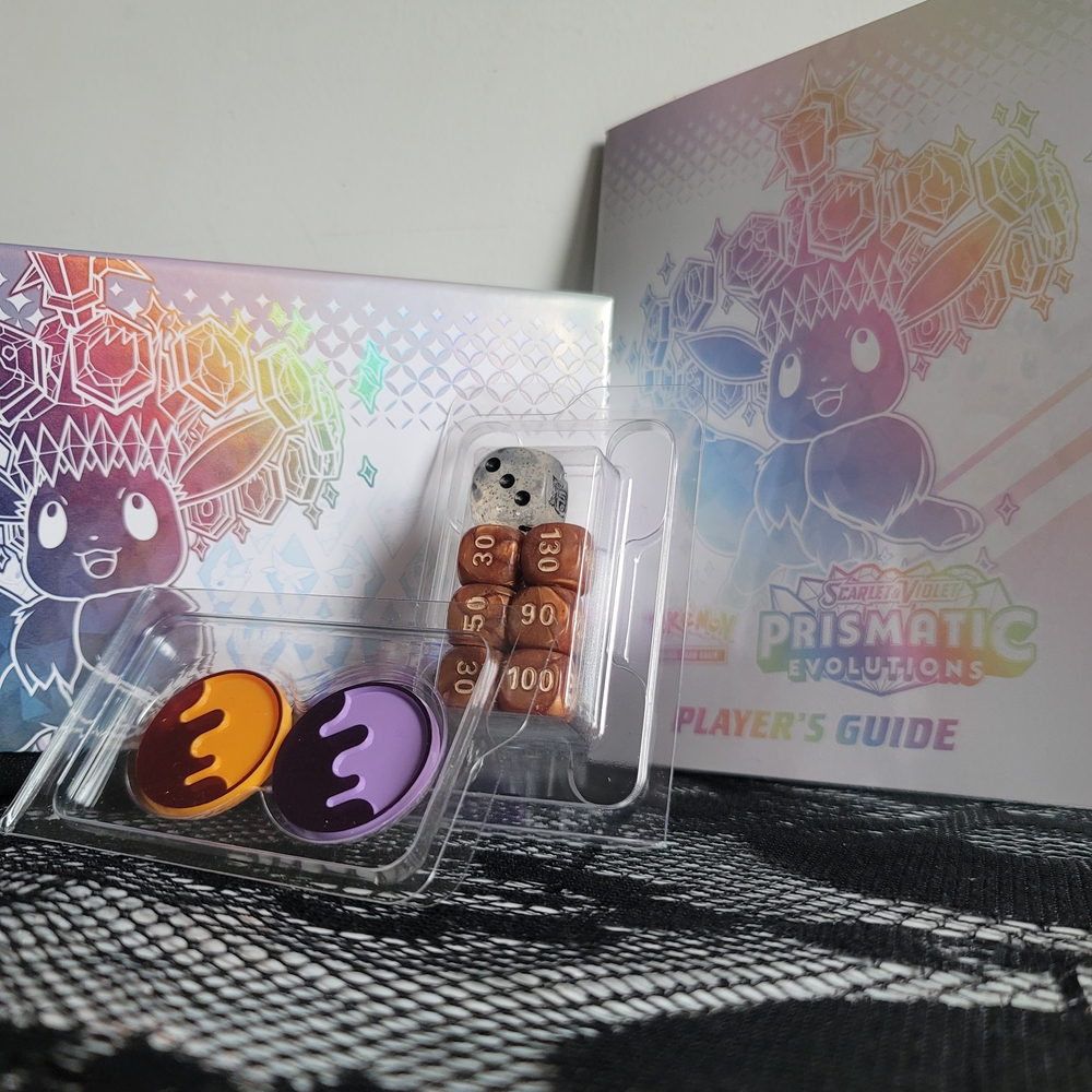 Pokémon Prismatic Evolutions EMPTY ETB / Player's Guide with Dice and Tokens